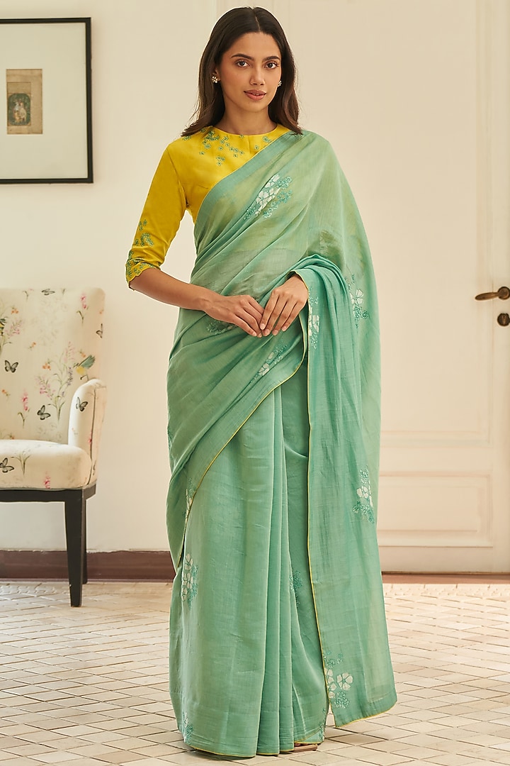Mint Muslin Cotton Floral Printed Party Wear Saree Set by Vaayu at Pernia's Pop Up Shop