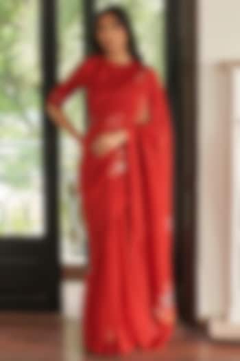 Poppy Red Muslin Cotton Floral Embroidered Festive Saree Set by Vaayu at Pernia's Pop Up Shop