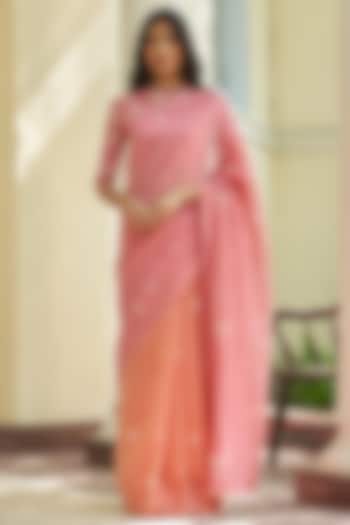 Peony Pink Ombre Muslin Cotton Printed Festive Saree Set by Vaayu at Pernia's Pop Up Shop