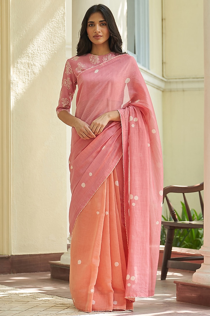 Peony Pink Ombre Muslin Cotton Printed Festive Saree Set by Vaayu at Pernia's Pop Up Shop