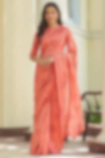 Hibiscus-Colored Muslin Cotton Floral Embroidered Party Wear Saree Set by Vaayu at Pernia's Pop Up Shop