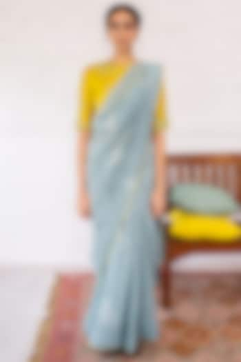 Periwinkle Cotton Chanderi Printed & Aari Embroidered Saree Set by Vaayu at Pernia's Pop Up Shop