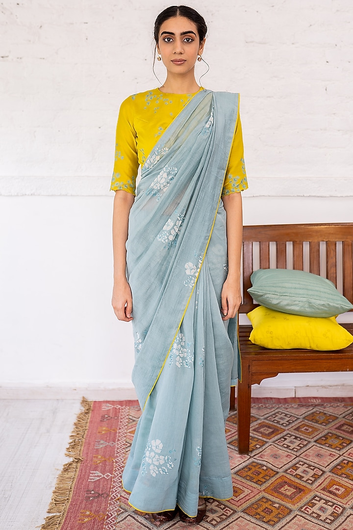 Periwinkle Cotton Chanderi Printed & Aari Embroidered Saree Set by Vaayu