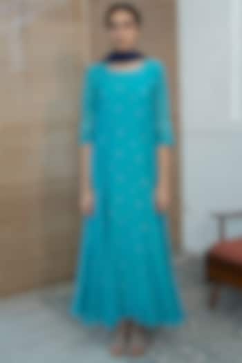Electric Blue Embroidered Anarkali Set by Vaayu
