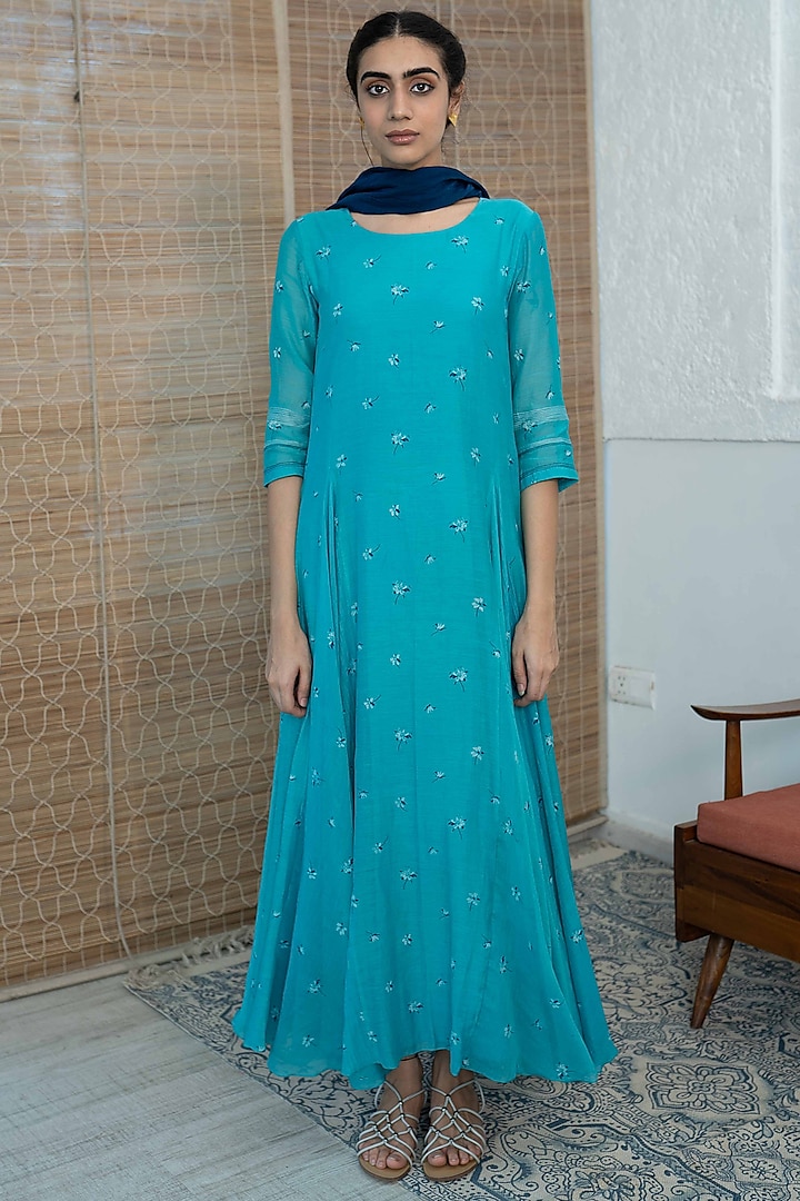 Electric Blue Embroidered Anarkali Set by Vaayu