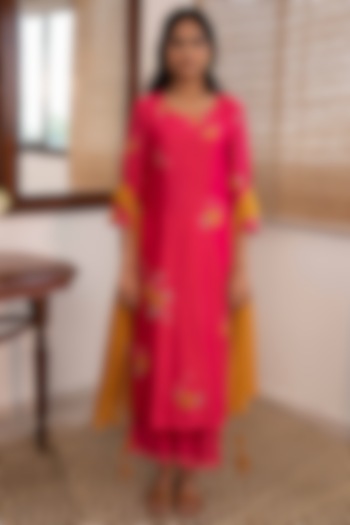 Berry & Apricot Embroidered Kurta Set by Vaayu at Pernia's Pop Up Shop