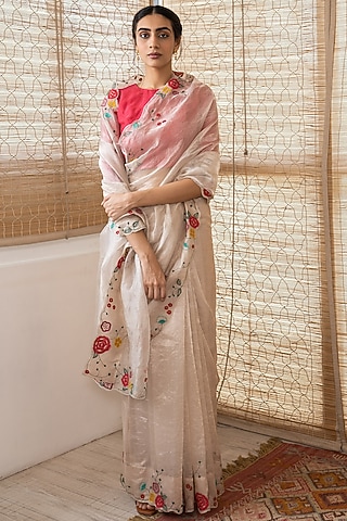 Metallic Silver Thread Embroidered Saree Set by Vaayu