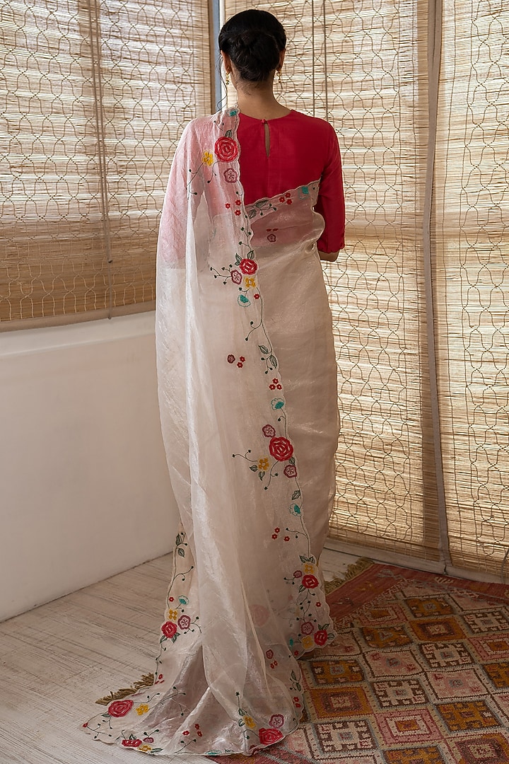 Metallic Silver Thread Embroidered Party Wear Saree Set by Vaayu at Pernia's Pop Up Shop
