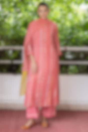 Apricot Cotton Muslin Printed & Embroidered Kurta Set by Vaayu at Pernia's Pop Up Shop