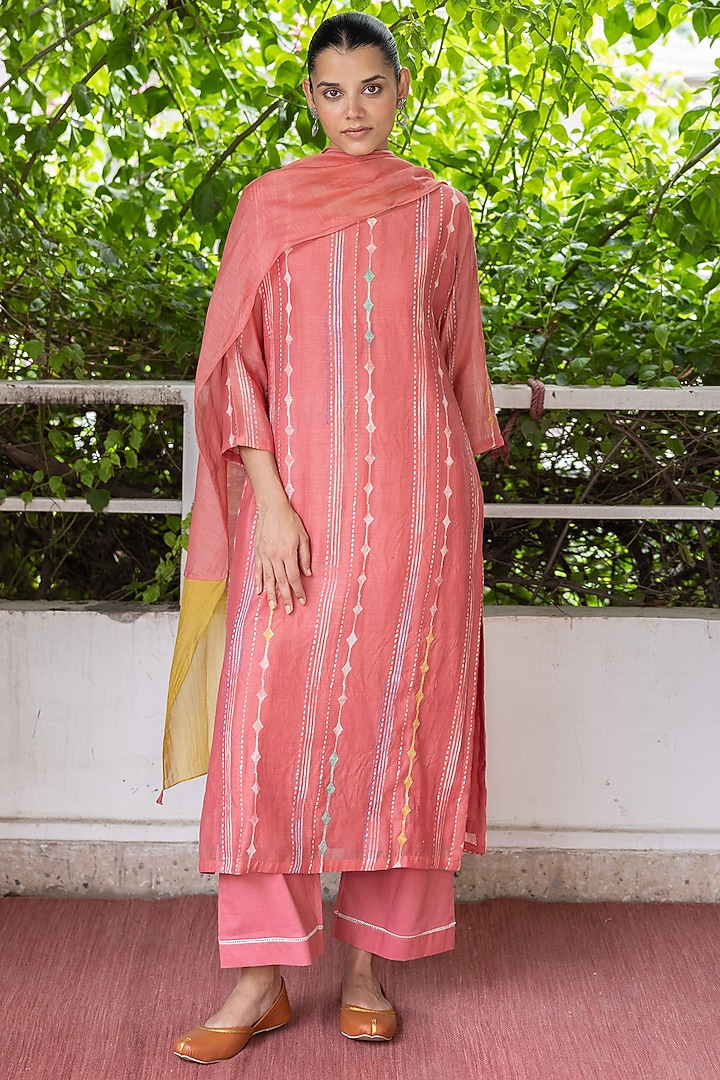 Apricot Cotton Muslin Printed & Embroidered Kurta Set by Vaayu at Pernia's Pop Up Shop