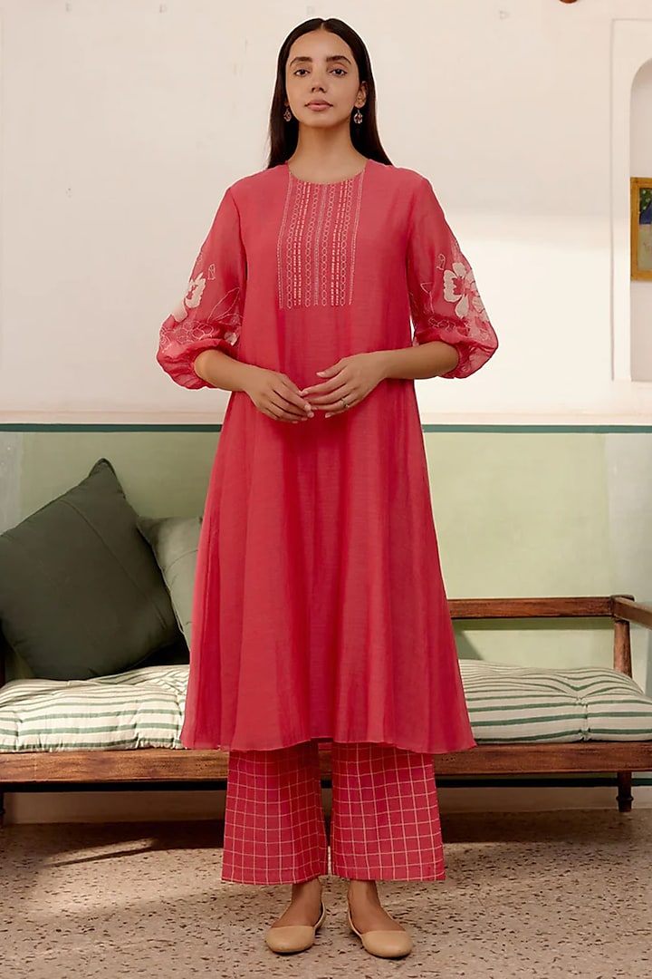 Rose Wood Muslin Cotton Embroidered Co-Ord Set by Vaayu at Pernia's Pop Up Shop