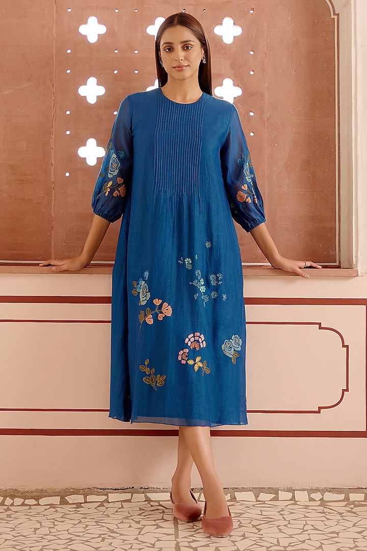 Sapphire Cotton Muslin Floral Embroidered Dress by Vaayu at Pernia's Pop Up Shop