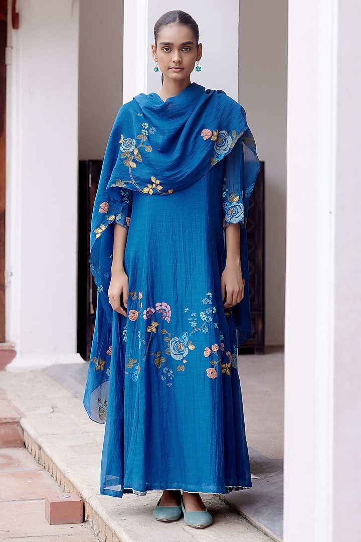 Sapphire Cotton Muslin Floral Embroidered Anarkali Set by Vaayu at Pernia's Pop Up Shop