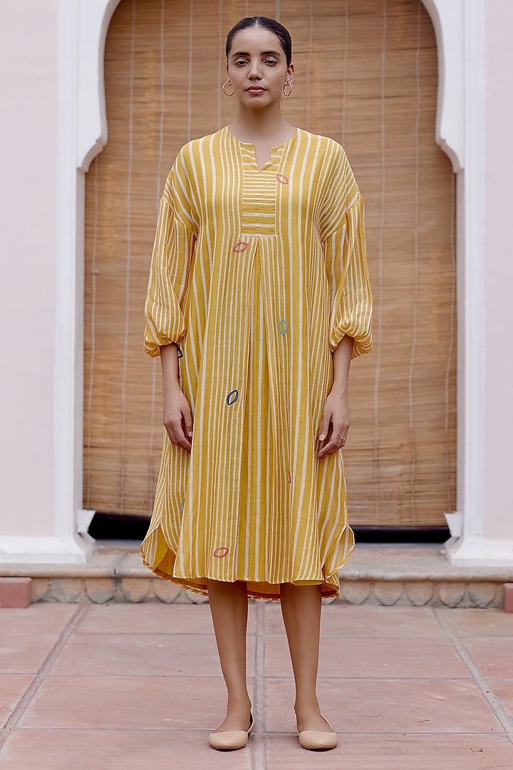 Ochre Cotton Muslin Striped Printed & Applique Thread Embroidered Dress by Vaayu at Pernia's Pop Up Shop