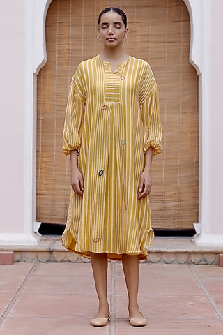 Ochre Cotton Muslin Striped Printed & Applique Thread Embroidered Dress by Vaayu