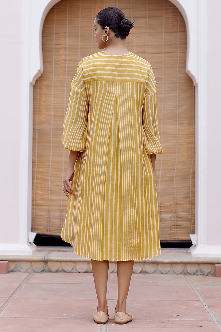 Ochre Cotton Muslin Striped Printed & Applique Thread Embroidered Summer Dress by Vaayu at Pernia's Pop Up Shop