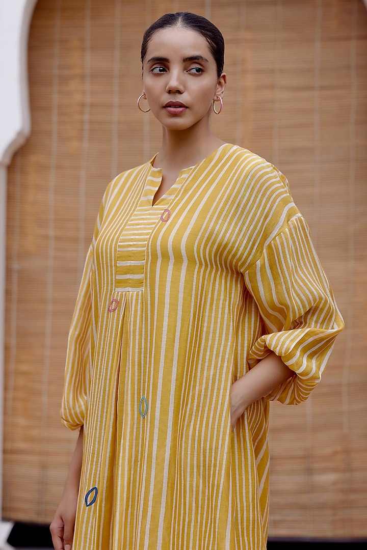 Ochre Cotton Muslin Striped Printed & Applique Thread Embroidered Summer Dress by Vaayu at Pernia's Pop Up Shop