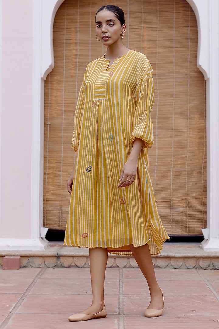 Ochre Cotton Muslin Striped Printed & Applique Thread Embroidered Summer Dress by Vaayu at Pernia's Pop Up Shop