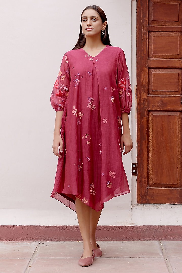 Berry Cotton Muslin Floral Applique Work Dress by Vaayu at Pernia's Pop Up Shop