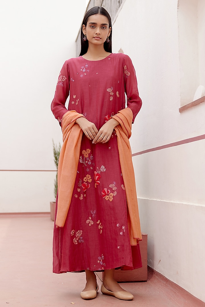 Berry Cotton Muslin Floral Embroidered Anarkali Set by Vaayu at Pernia's Pop Up Shop