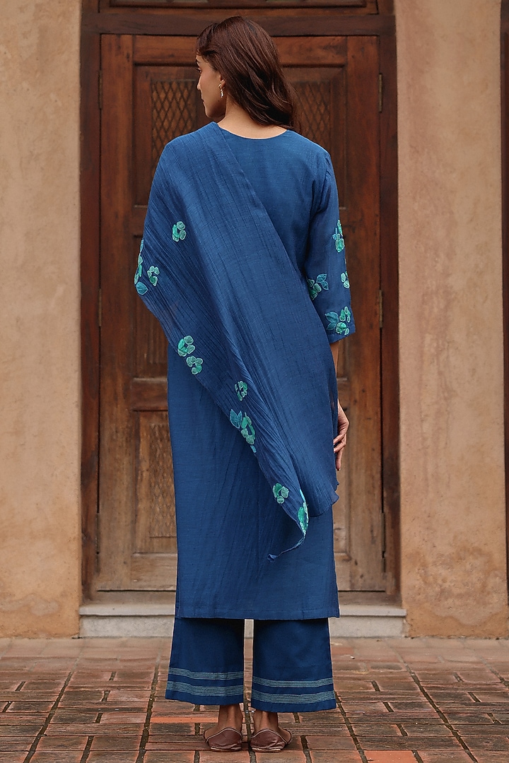 Indigo Blue Muslin Cotton Applique Embroidered Kurta Set by Vaayu at Pernia's Pop Up Shop