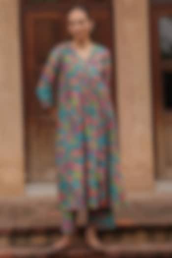 Teal Muslin Cotton Floral Printed Co-Ord Set by Vaayu at Pernia's Pop Up Shop