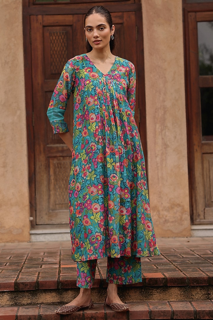 Teal Muslin Cotton Floral Printed Co-Ord Set by Vaayu at Pernia's Pop Up Shop