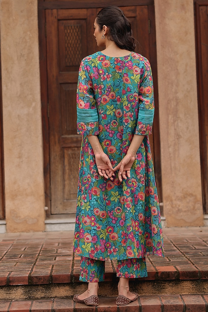 Teal Muslin Cotton Floral Printed Co-Ord Set by Vaayu at Pernia's Pop Up Shop