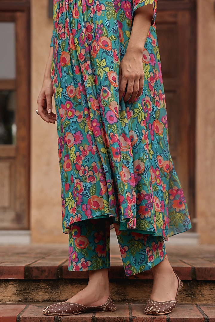 Teal Muslin Cotton Floral Printed Co-Ord Set by Vaayu at Pernia's Pop Up Shop