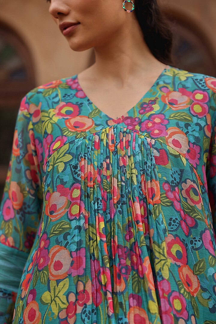 Teal Muslin Cotton Floral Printed Co-Ord Set by Vaayu at Pernia's Pop Up Shop