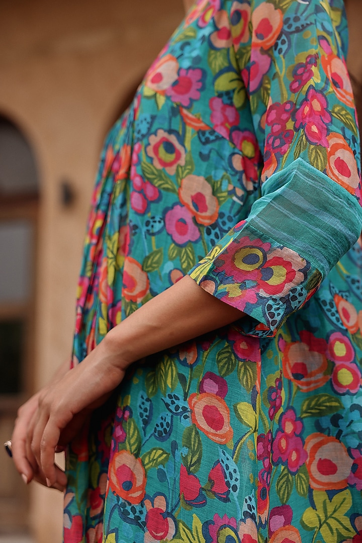 Teal Muslin Cotton Floral Printed Co-Ord Set by Vaayu at Pernia's Pop Up Shop