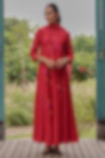 Berry Colored Muslin Cotton Applique Embroidered Party Wear Anarkali Set by Vaayu at Pernia's Pop Up Shop