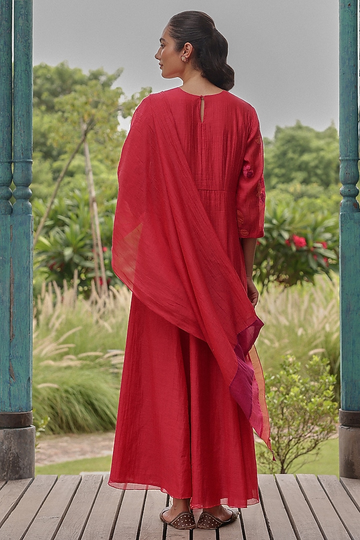Berry Colored Muslin Cotton Applique Embroidered Party Wear Anarkali Set by Vaayu at Pernia's Pop Up Shop