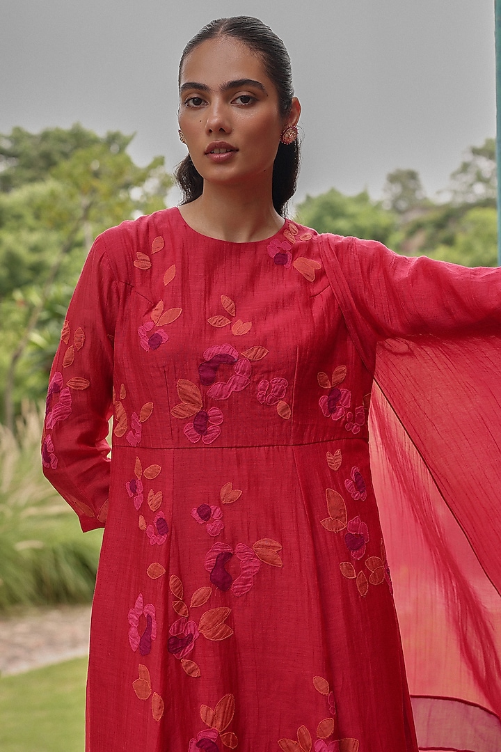 Berry Colored Muslin Cotton Applique Embroidered Party Wear Anarkali Set by Vaayu at Pernia's Pop Up Shop