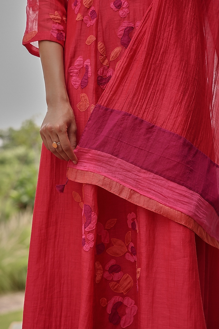 Berry Colored Muslin Cotton Applique Embroidered Party Wear Anarkali Set by Vaayu at Pernia's Pop Up Shop