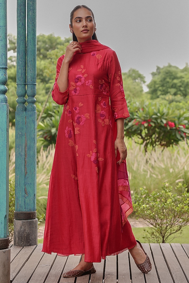 Berry Colored Muslin Cotton Applique Embroidered Party Wear Anarkali Set by Vaayu at Pernia's Pop Up Shop