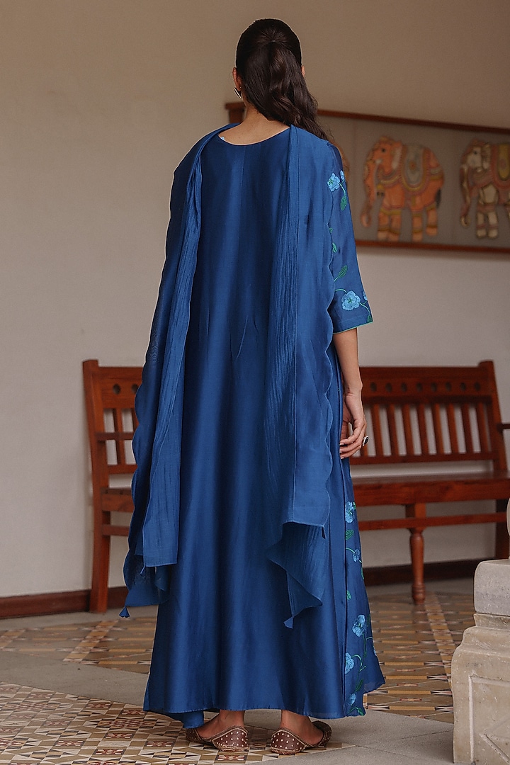 Indigo Blue Giza Silk Floral Embroidered Party Wear Anarkali Set by Vaayu at Pernia's Pop Up Shop