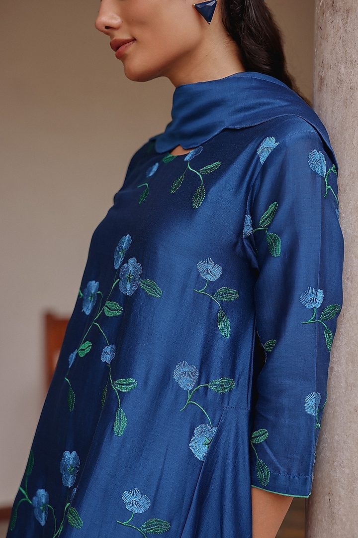 Indigo Blue Giza Silk Floral Embroidered Party Wear Anarkali Set by Vaayu at Pernia's Pop Up Shop
