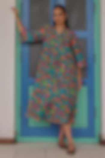 Teal Muslin Cotton Floral Printed Midi Summer Dress by Vaayu at Pernia's Pop Up Shop