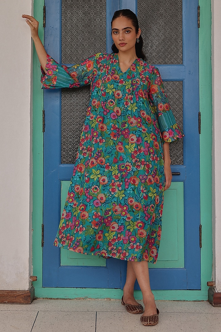 Teal Muslin Cotton Floral Printed Midi Summer Dress by Vaayu at Pernia's Pop Up Shop