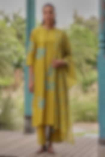 Ochre Colored Giza Silk Floral Applique Embroidered Kurta Set by Vaayu at Pernia's Pop Up Shop