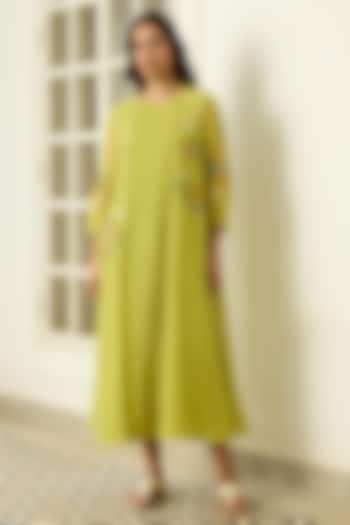 Lime Muslin Cotton Floral Applique Embroidered Midi Summer Dress by Vaayu at Pernia's Pop Up Shop