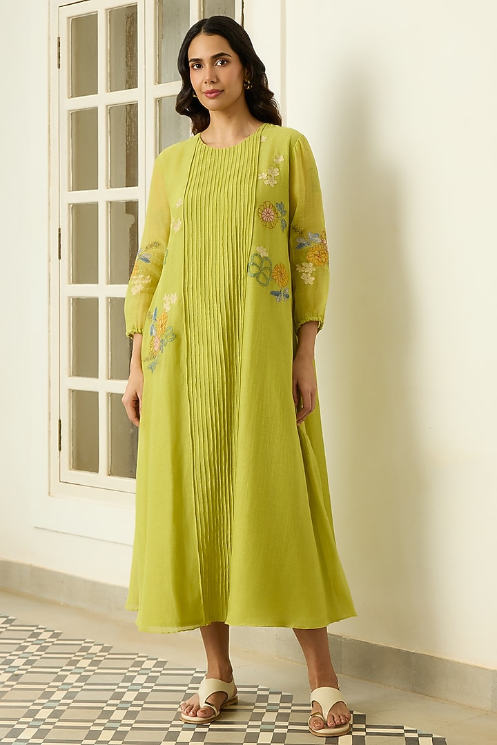 Lime Muslin Cotton Floral Applique Embroidered Midi Summer Dress by Vaayu at Pernia's Pop Up Shop