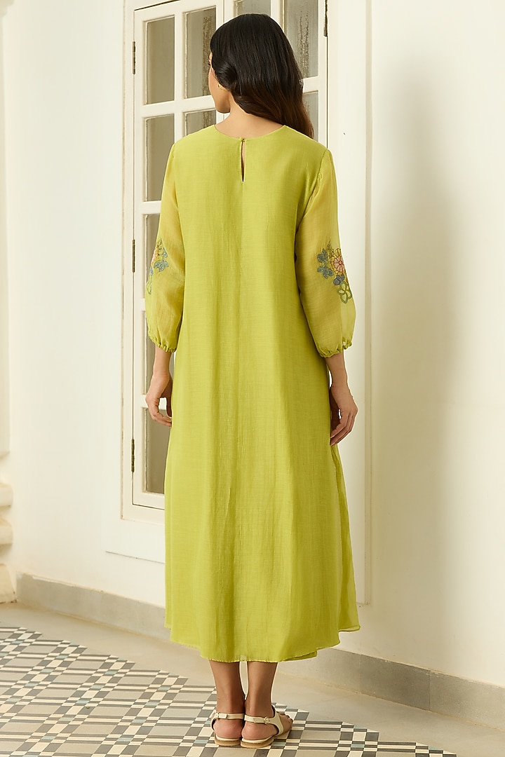 Lime Muslin Cotton Floral Applique Embroidered Midi Summer Dress by Vaayu at Pernia's Pop Up Shop