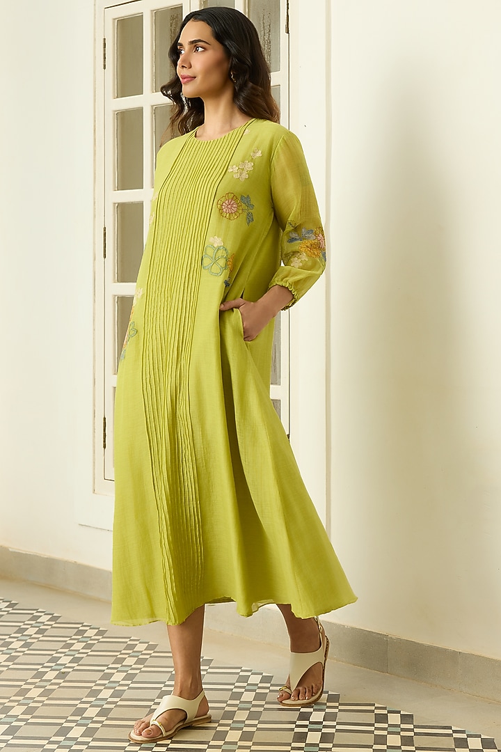 Lime Muslin Cotton Floral Applique Embroidered Midi Summer Dress by Vaayu at Pernia's Pop Up Shop