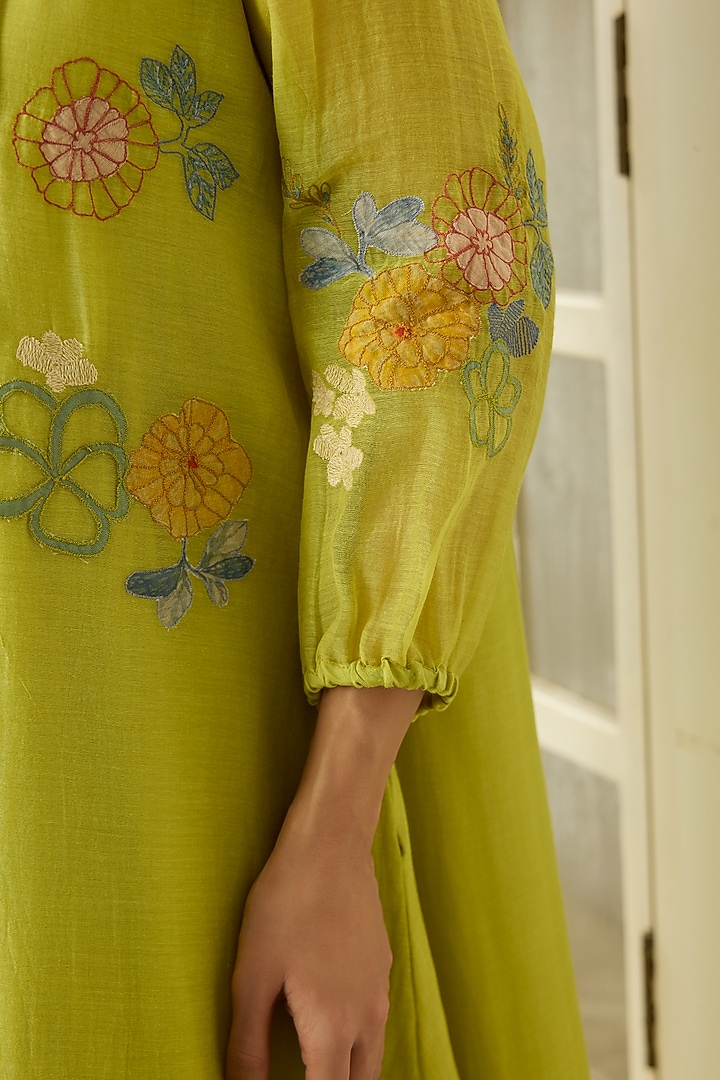 Lime Muslin Cotton Floral Applique Embroidered Midi Summer Dress by Vaayu at Pernia's Pop Up Shop