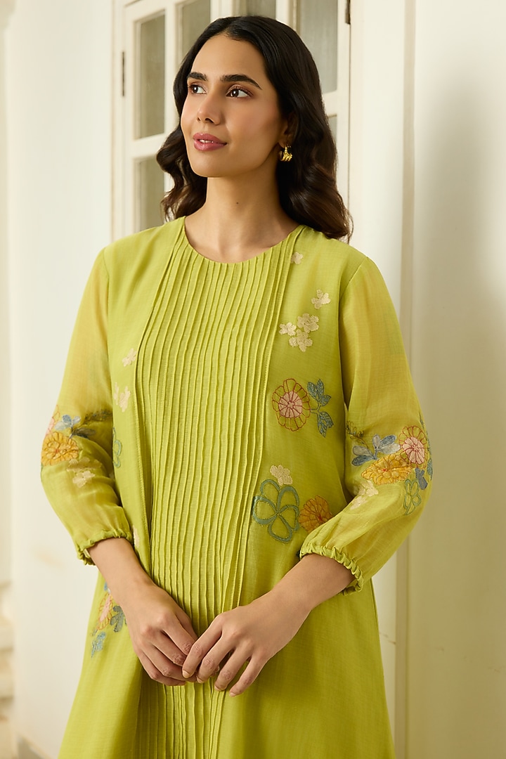 Lime Muslin Cotton Floral Applique Embroidered Midi Summer Dress by Vaayu at Pernia's Pop Up Shop
