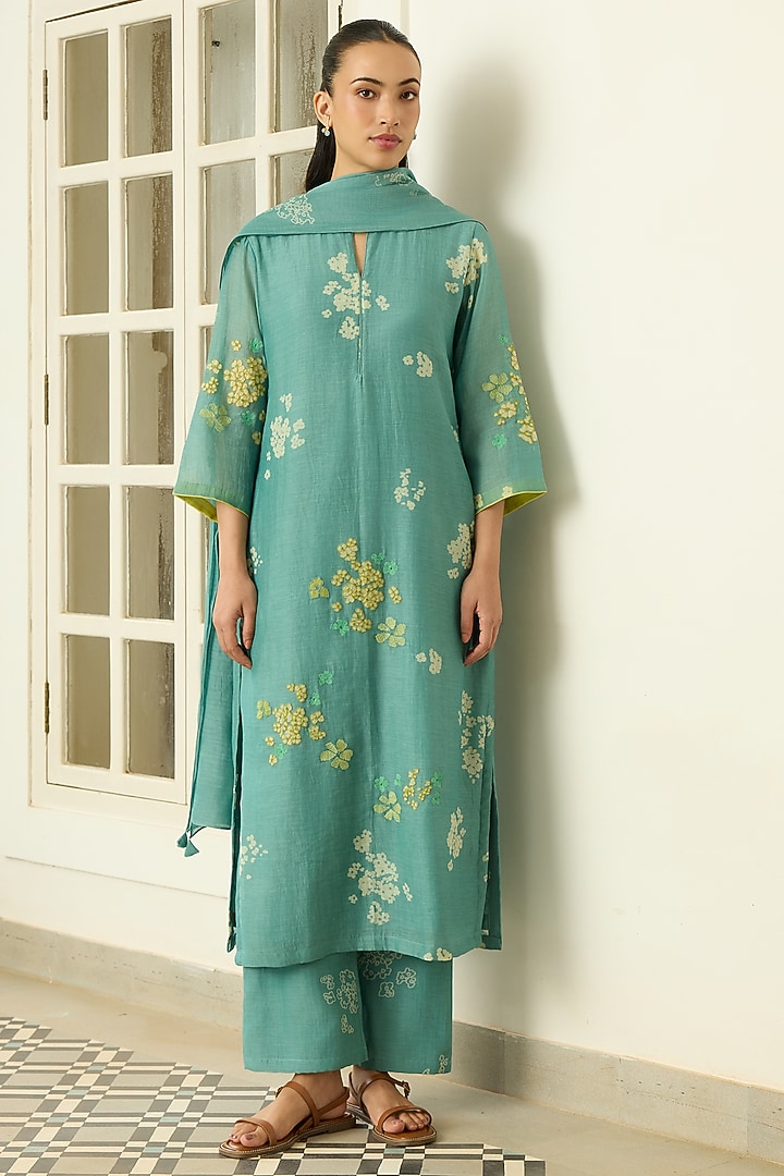 Aqua Muslin Cotton Floral Printed Kurta Set by Vaayu at Pernia's Pop Up Shop