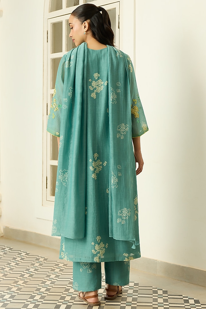 Aqua Muslin Cotton Floral Printed Kurta Set by Vaayu at Pernia's Pop Up Shop