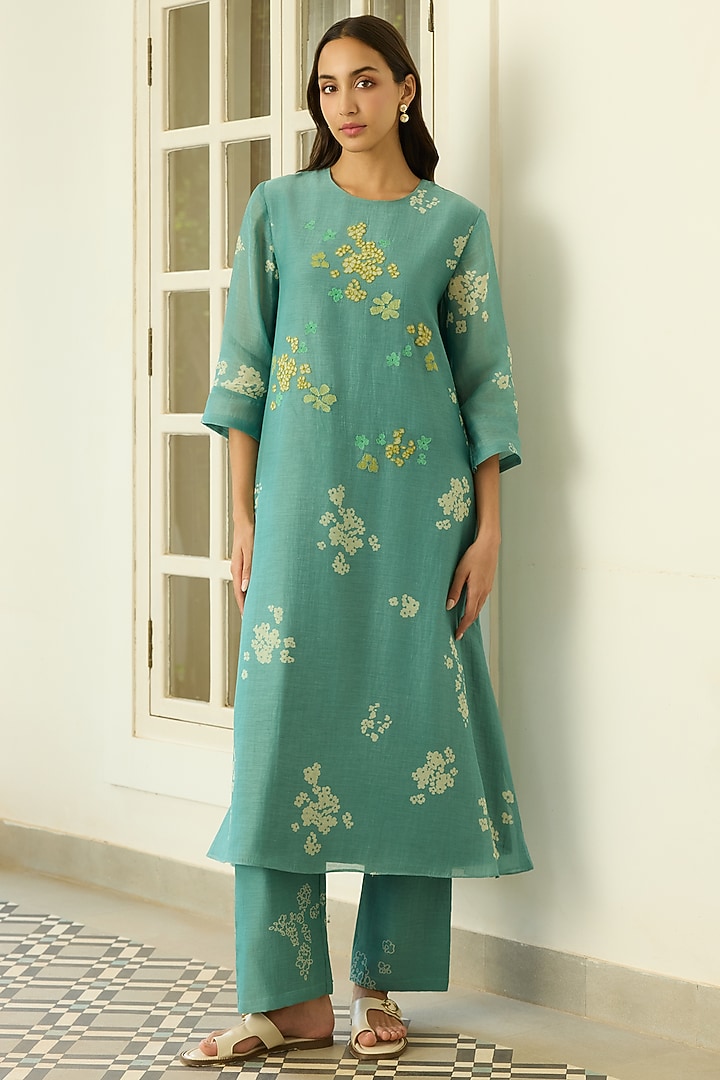 Aqua Muslin Cotton Floral Printed Kurta Set by Vaayu at Pernia's Pop Up Shop